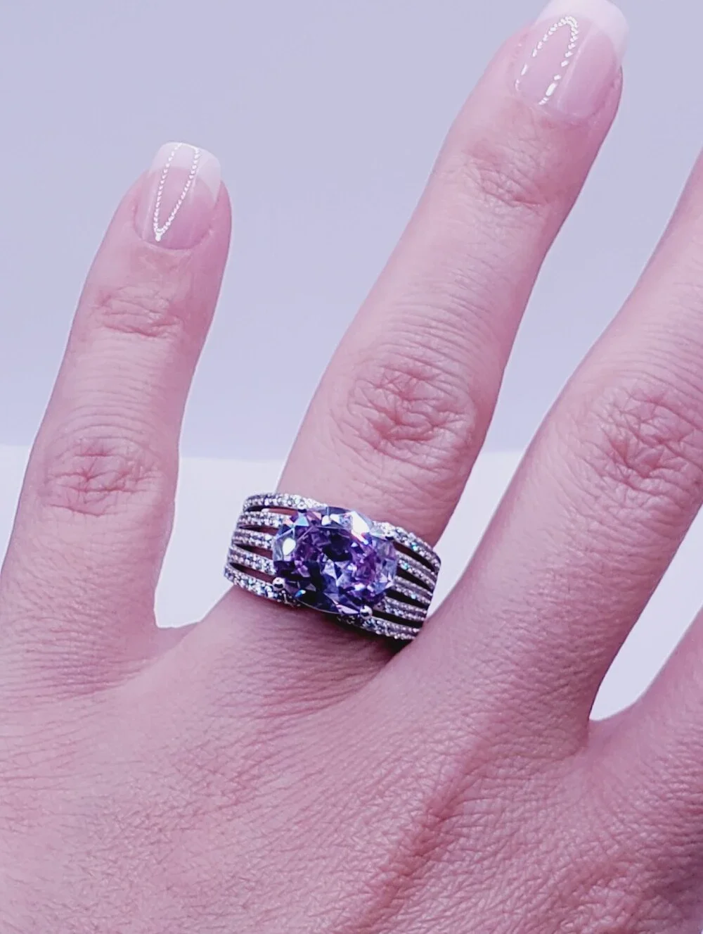 4.50 Carat Horizontally Set Oval Purple Stone - 925 Sterling Silver Ring
